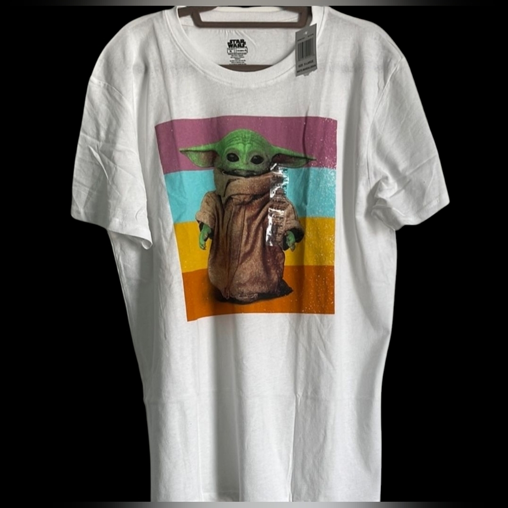Disney Star Wars White Tee with Grogu and Colorful Stripes Sz XL - Picture 1 of 1